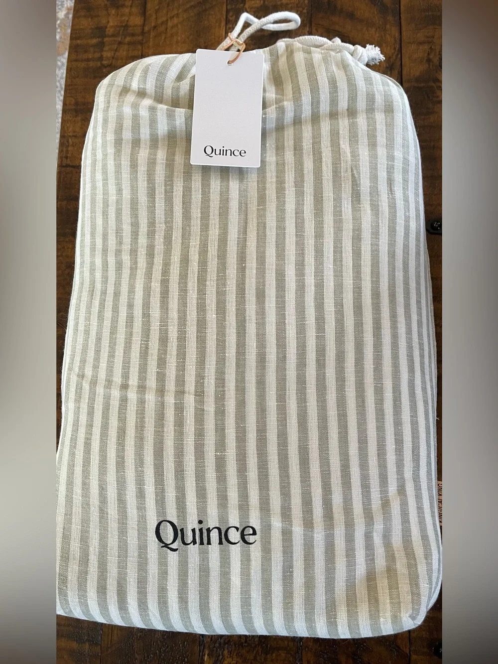 NWT Quince European Linen Stripe 1 Pc Duvet Cover, King/Cal (Willowleaf/White)